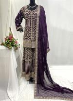 Chiffon Deep Violet Traditional Wear Hand Work Readymade Plazzo Suit